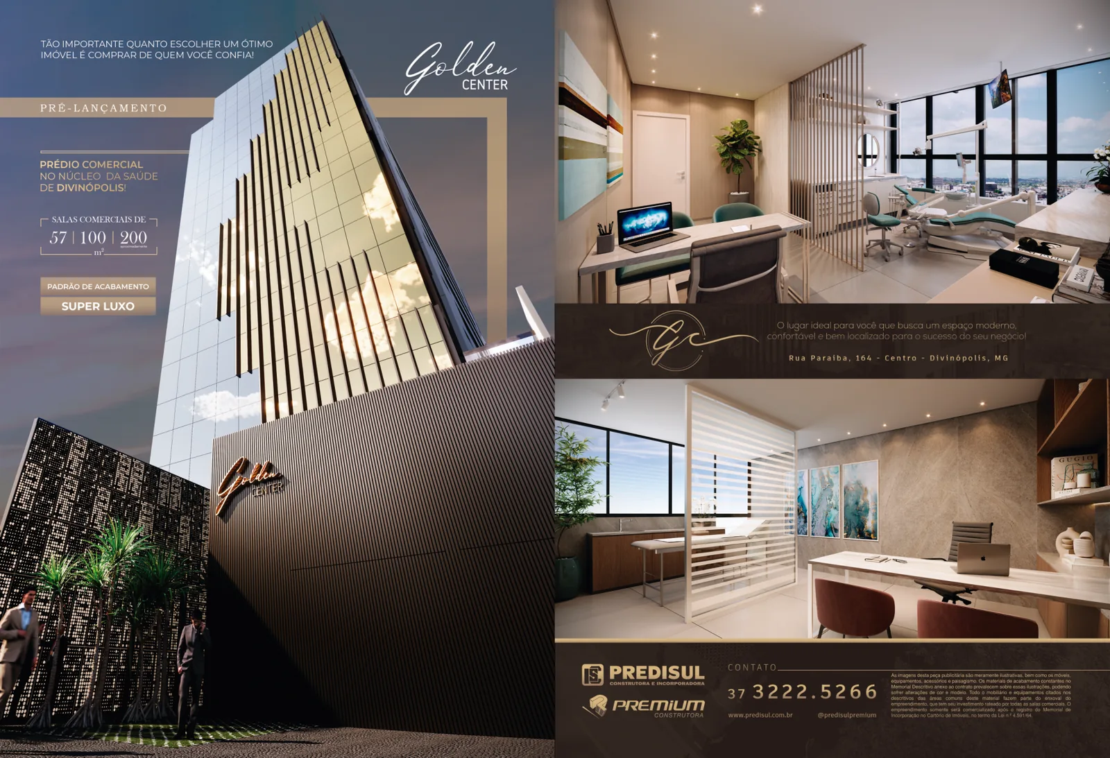Capa da revista de lançamento do Golden Center, com o prédio e os ambientes internos