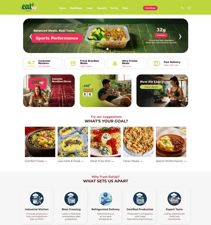 Site da EAT UP, refeições brasileiras congeladas em Dublin, criado por Plinio Ventavoli