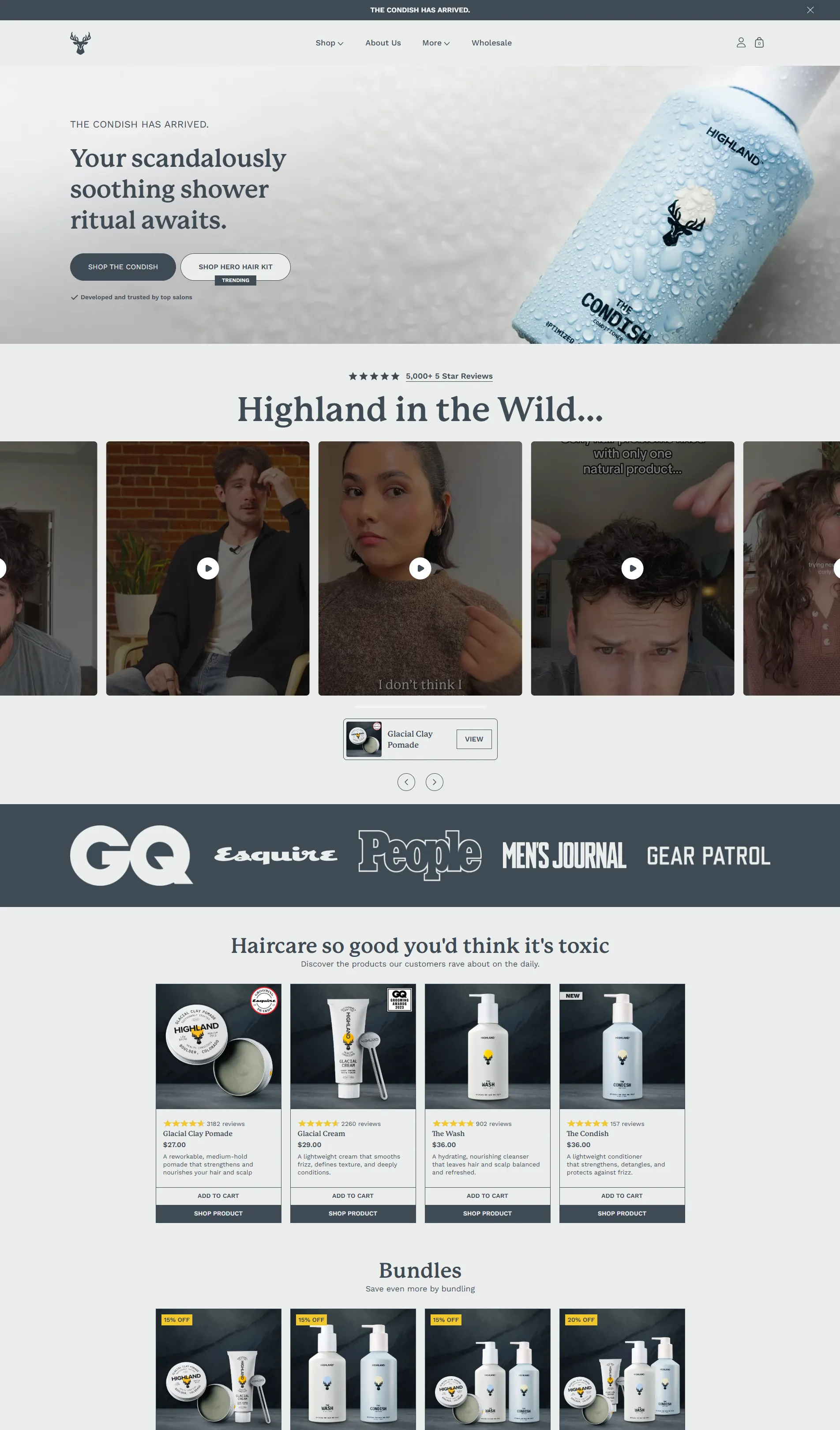 Pagina da Highland, de produtos para cabelo, aberta numa janela de navegador
